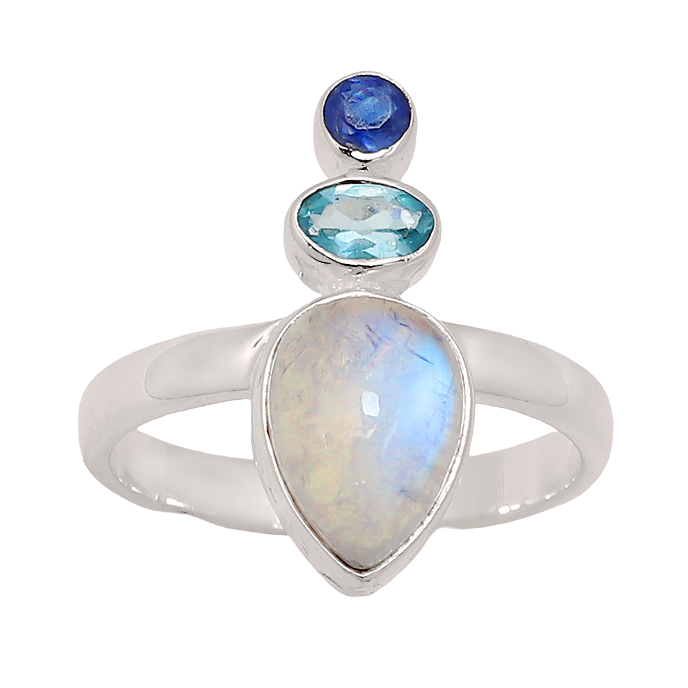 Triple Stone “Indigo Sky” Moonstone Apatite Kyanite Sterling Ring