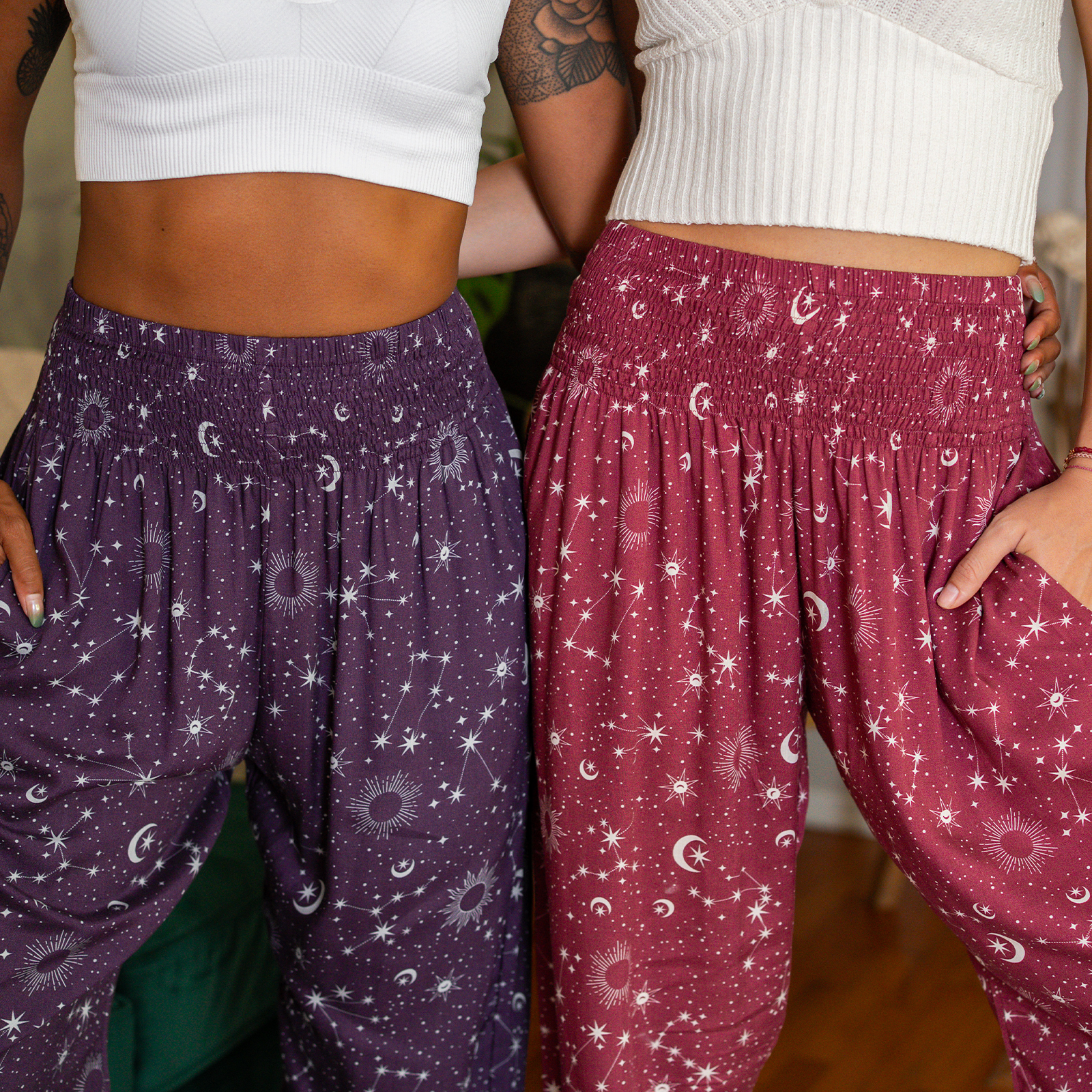 Lunar Plum Starry Night Harem Pants with Pockets