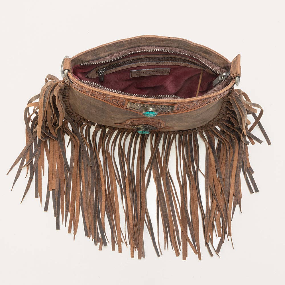 Mojave Tassle Bag In Brunette Leather Hand-tooled with Fringe