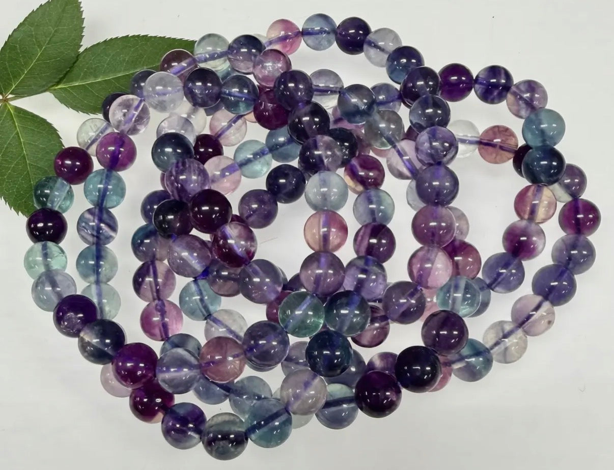 Rainbow Fluorite 8mm Crystal Beaded Stretch Bracelet 7.5”