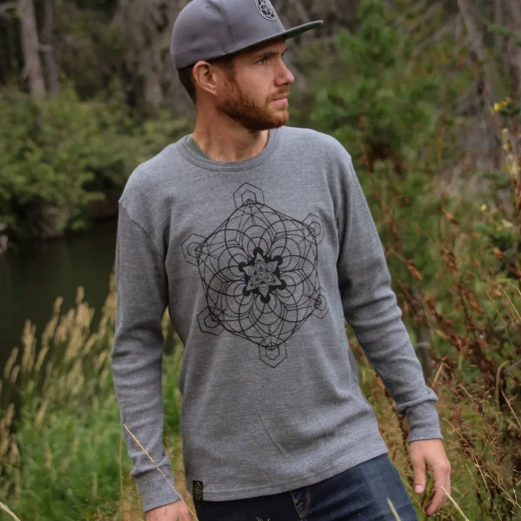 Grey Sacred Geometry Long Sleeve Thermal- Metatron Mandala Shirt