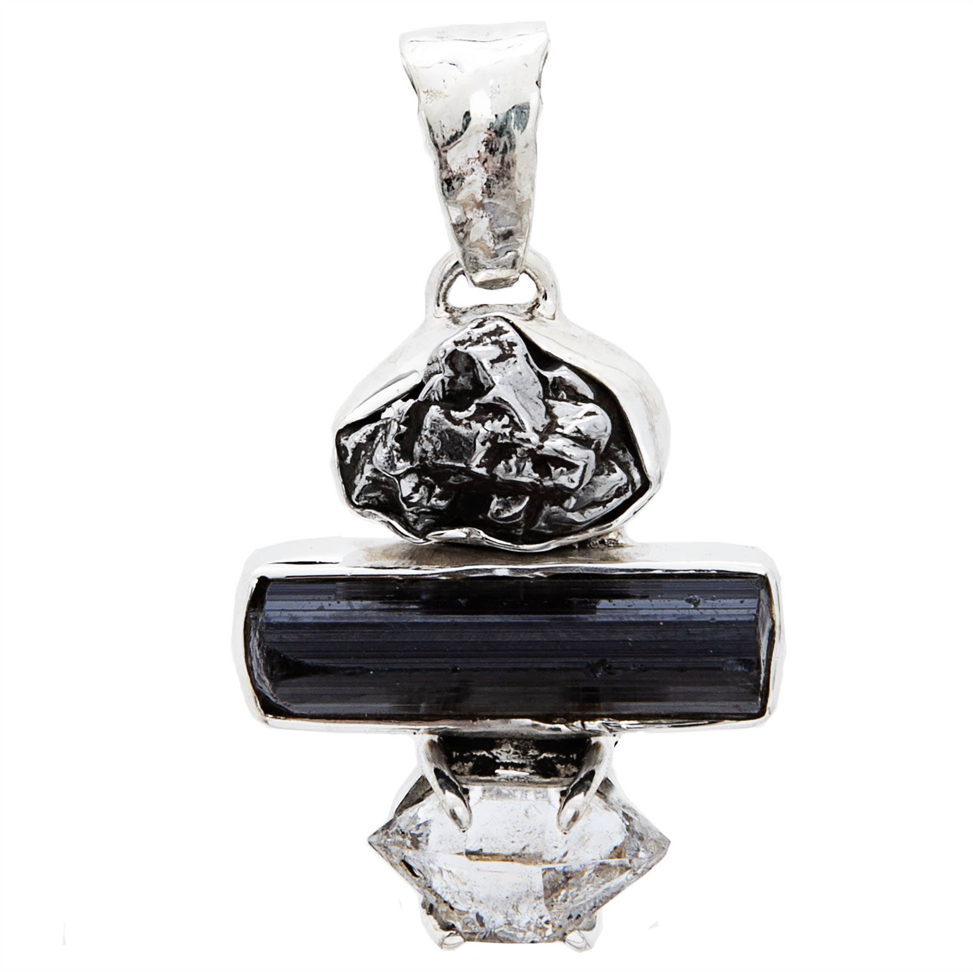 “High Vibe” Black Tourmaline, Herkimer Diamond, & Tektite Pendant