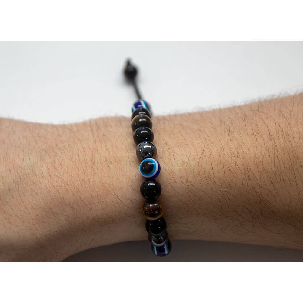 Evil Eye Adjustable Bracelet - Tiger Eye & Black Glass Beads