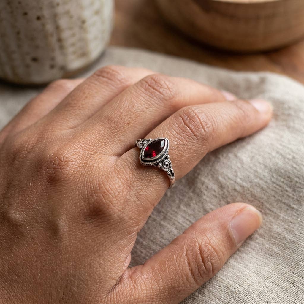 Tanvi Collection Ring - Silver Marquise with Garnet