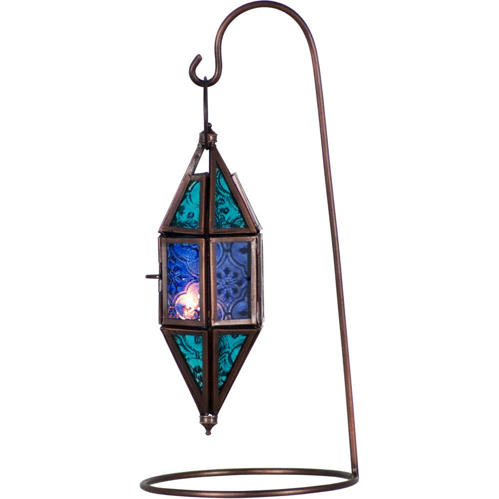 Blue Aquamarine Glass Hanging Metal Lantern