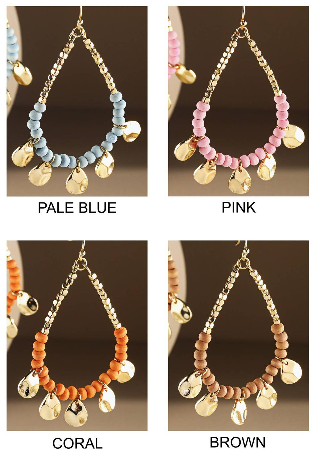 Boho Orange Wood Beaded Teardrop Hoop Earrings