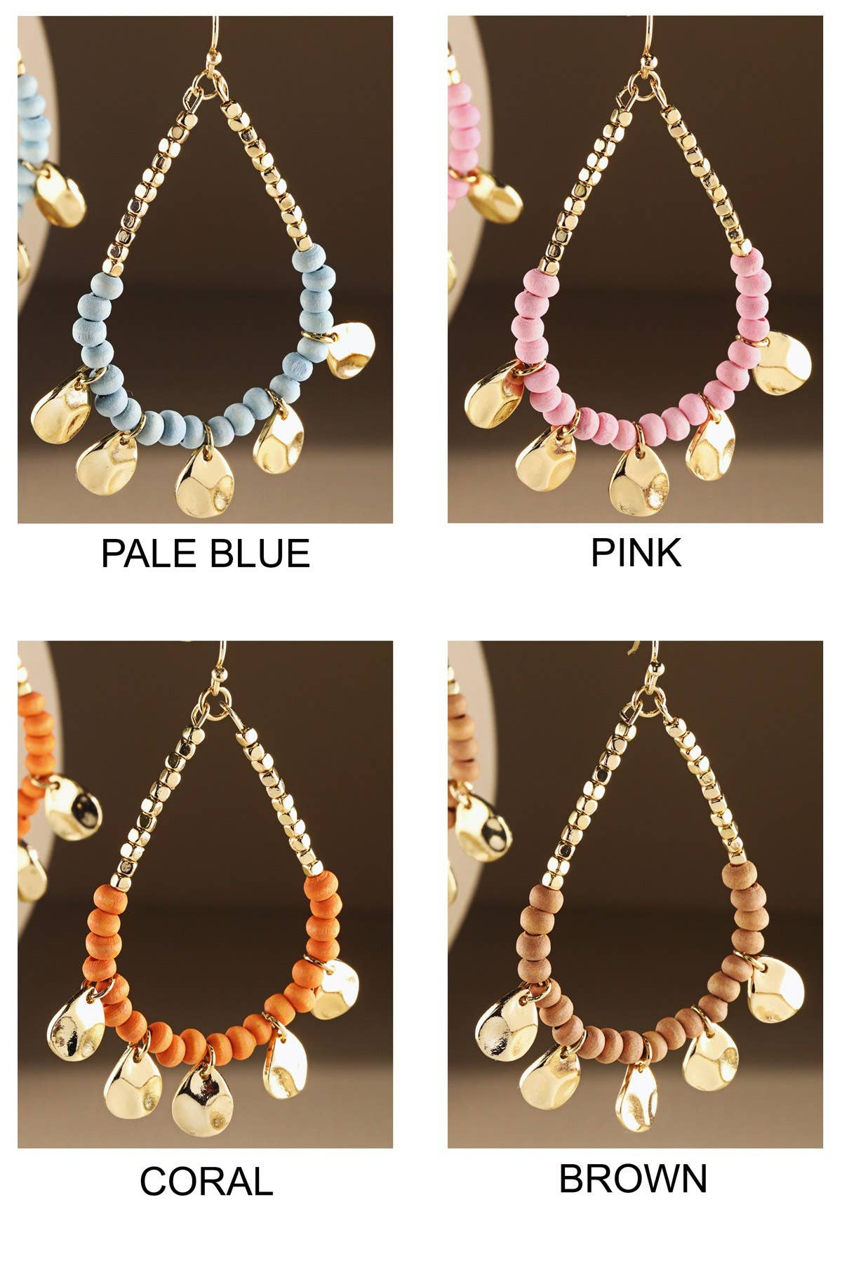 Boho Orange Wood Beaded Teardrop Hoop Earrings