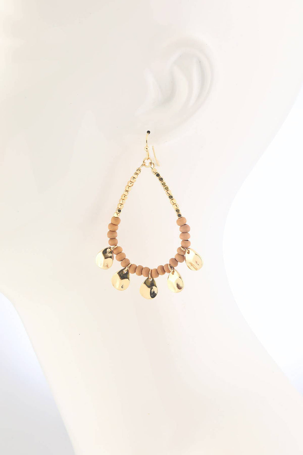 Boho Orange Wood Beaded Teardrop Hoop Earrings