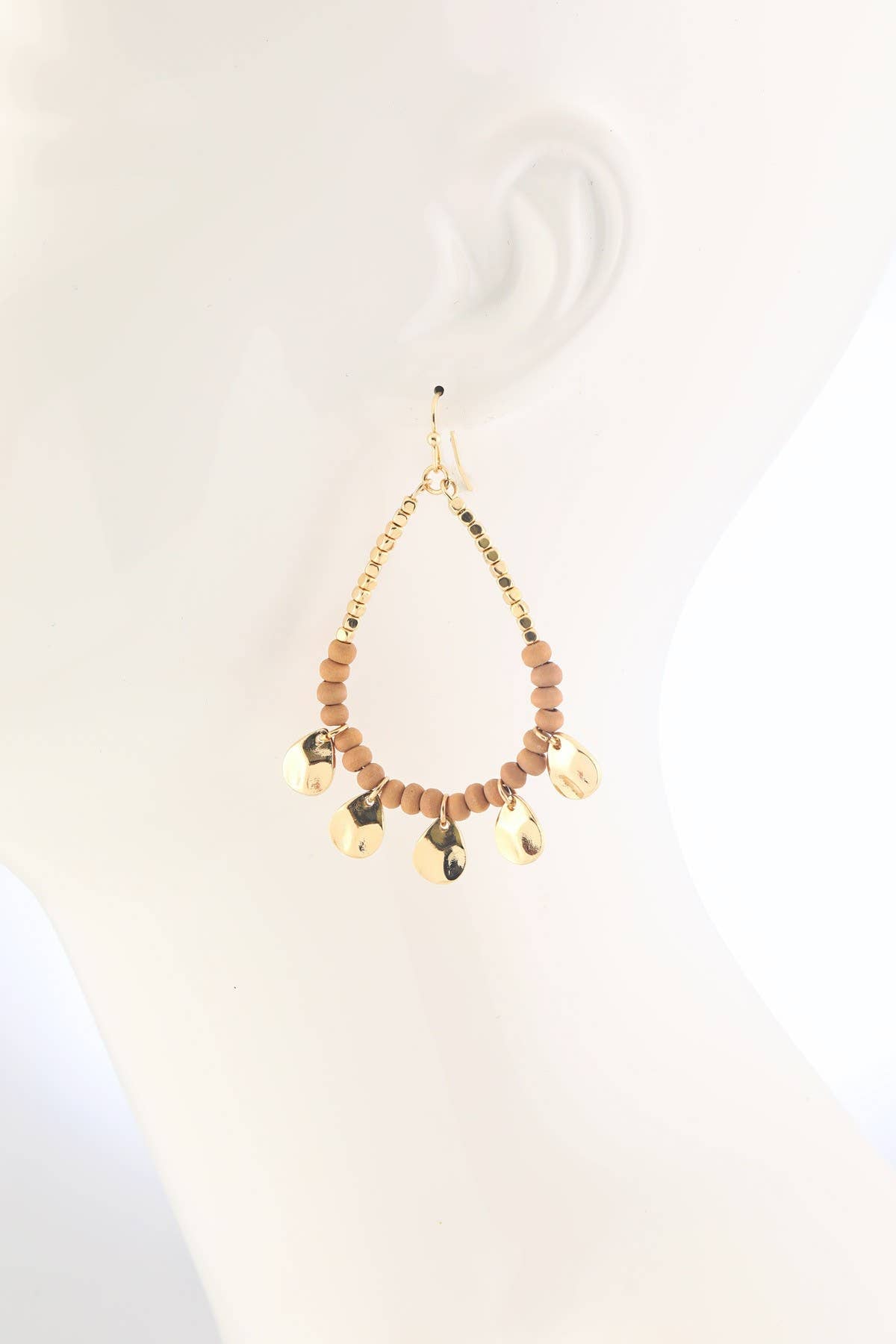 Boho Orange Wood Beaded Teardrop Hoop Earrings