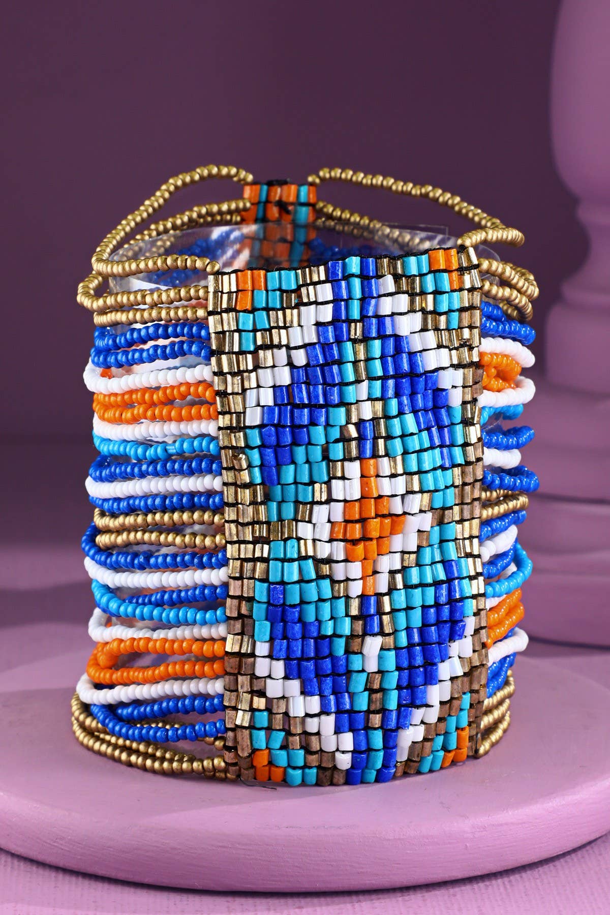 Magenta Purple & Blue Southwestern Seed Bead Stretch Bracelet