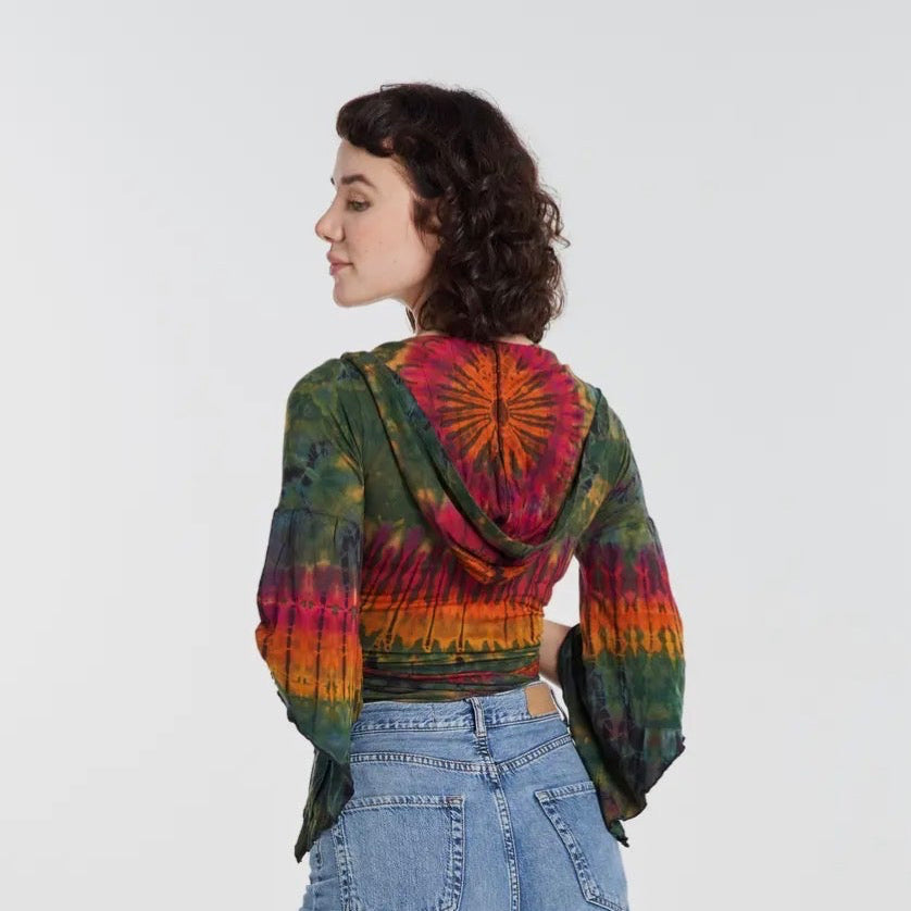 Tie-Dye Cropped Hooded Wrap Tie Top