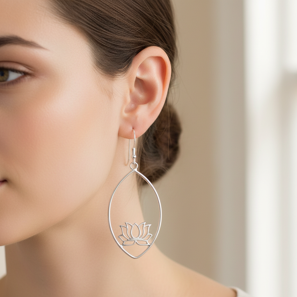 Lotus Blossom Sterling Elongated Hoop Earrings