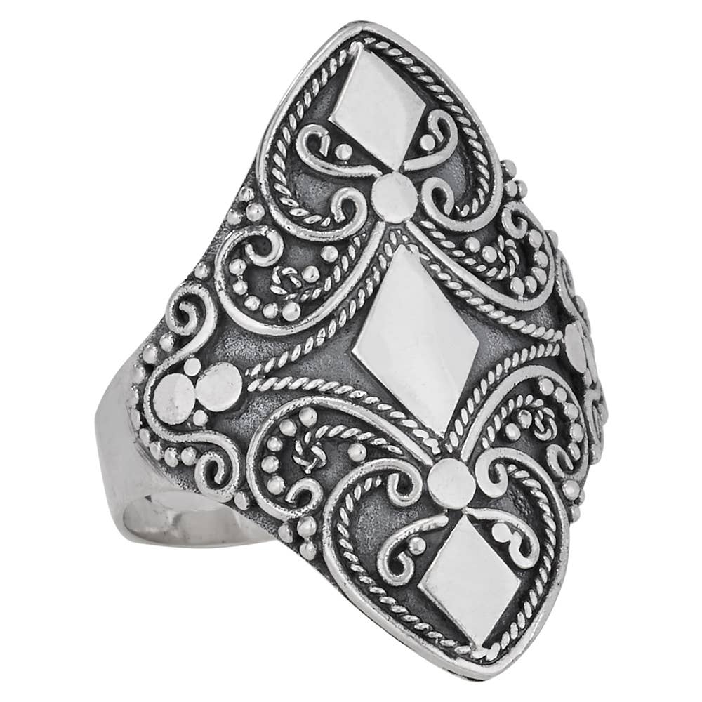 “Marisa” Sterling Silver Diamond Shape & Scroll Ring