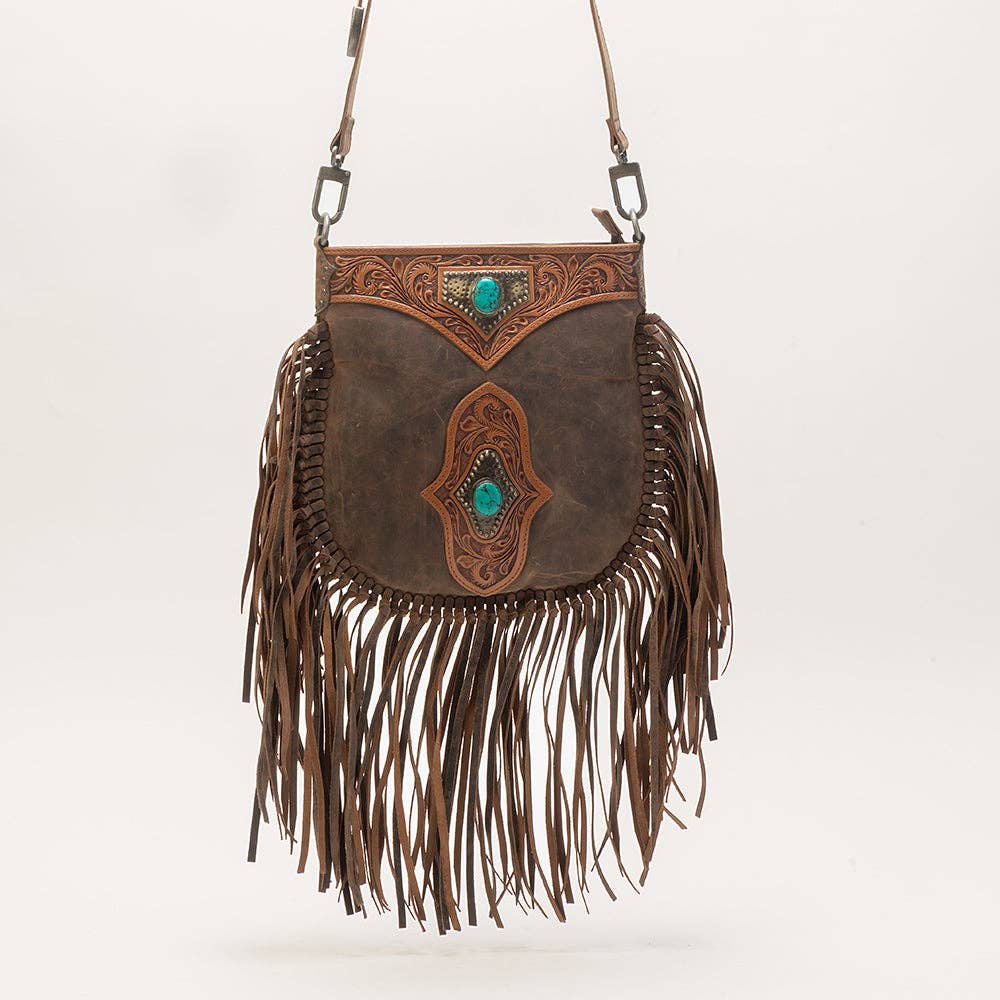 Mojave Tassle Bag In Brunette Leather Hand-tooled with Fringe