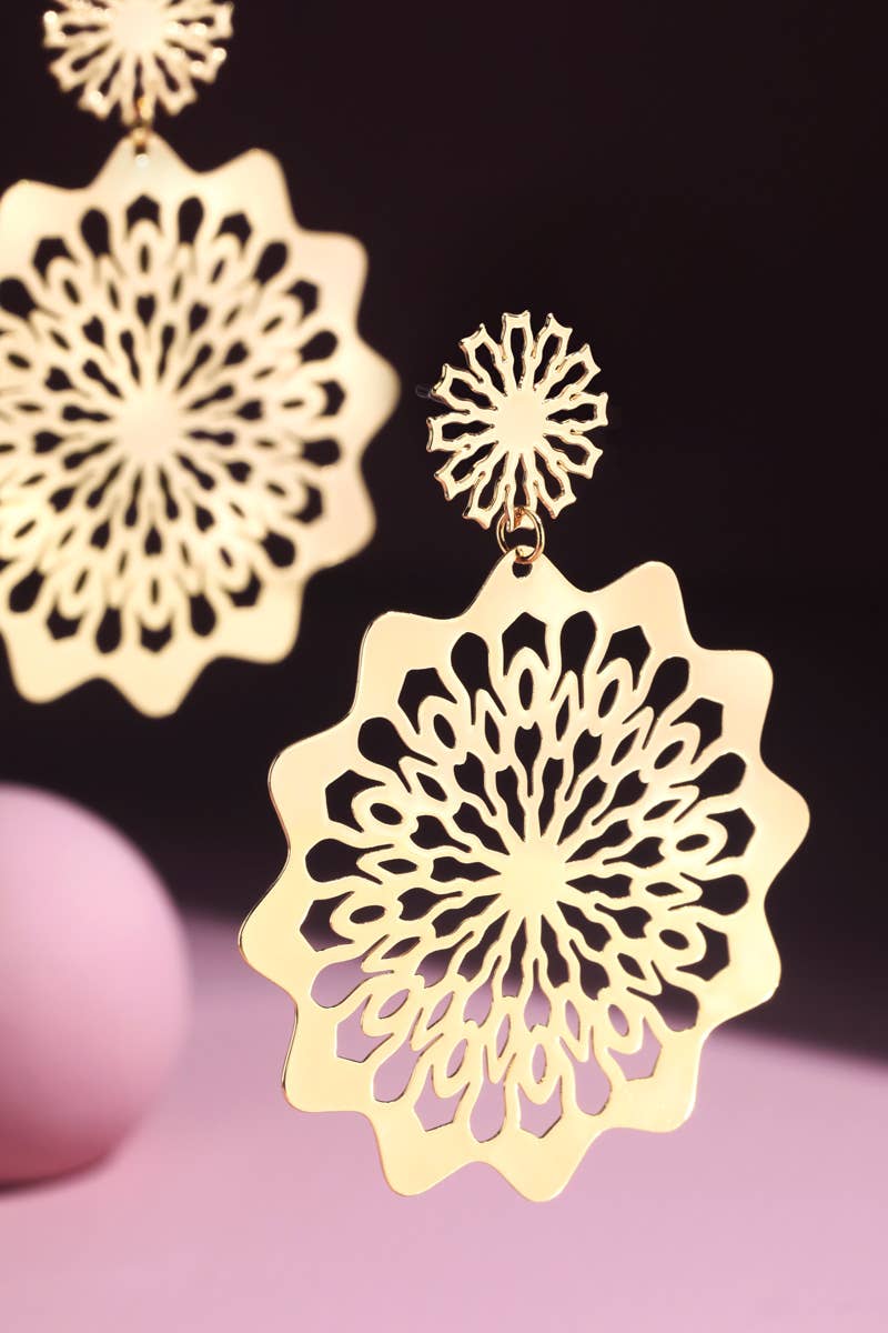 Gold Filigree Mandala Flower Drop Earrings