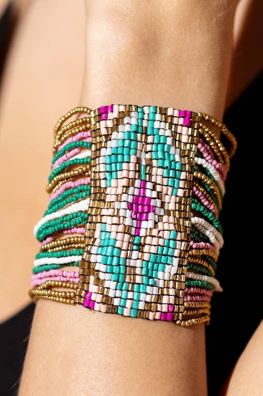 Magenta Purple & Blue Southwestern Seed Bead Stretch Bracelet