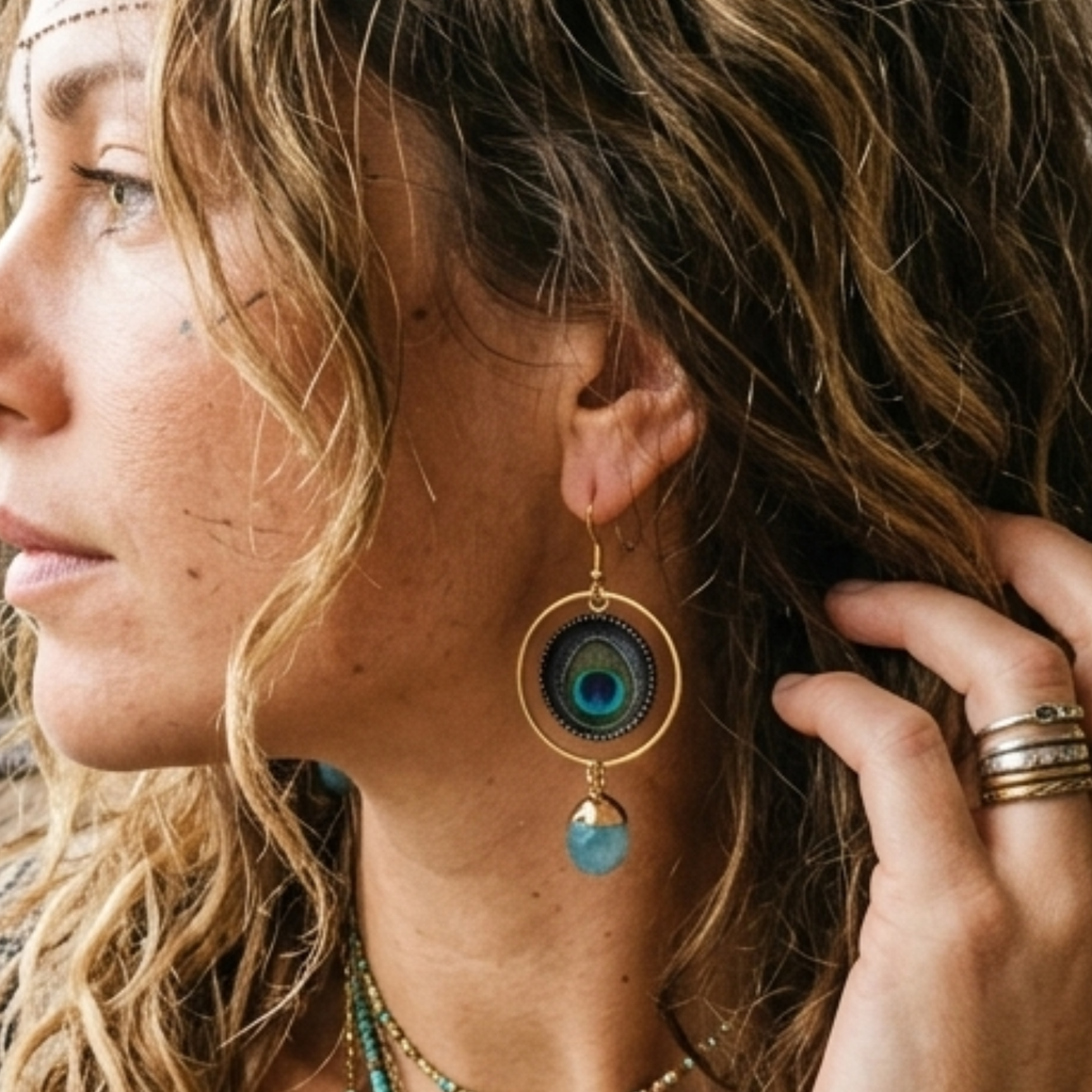 Handmade Peacock Feather & Jade Gemstone Dangle Earrings