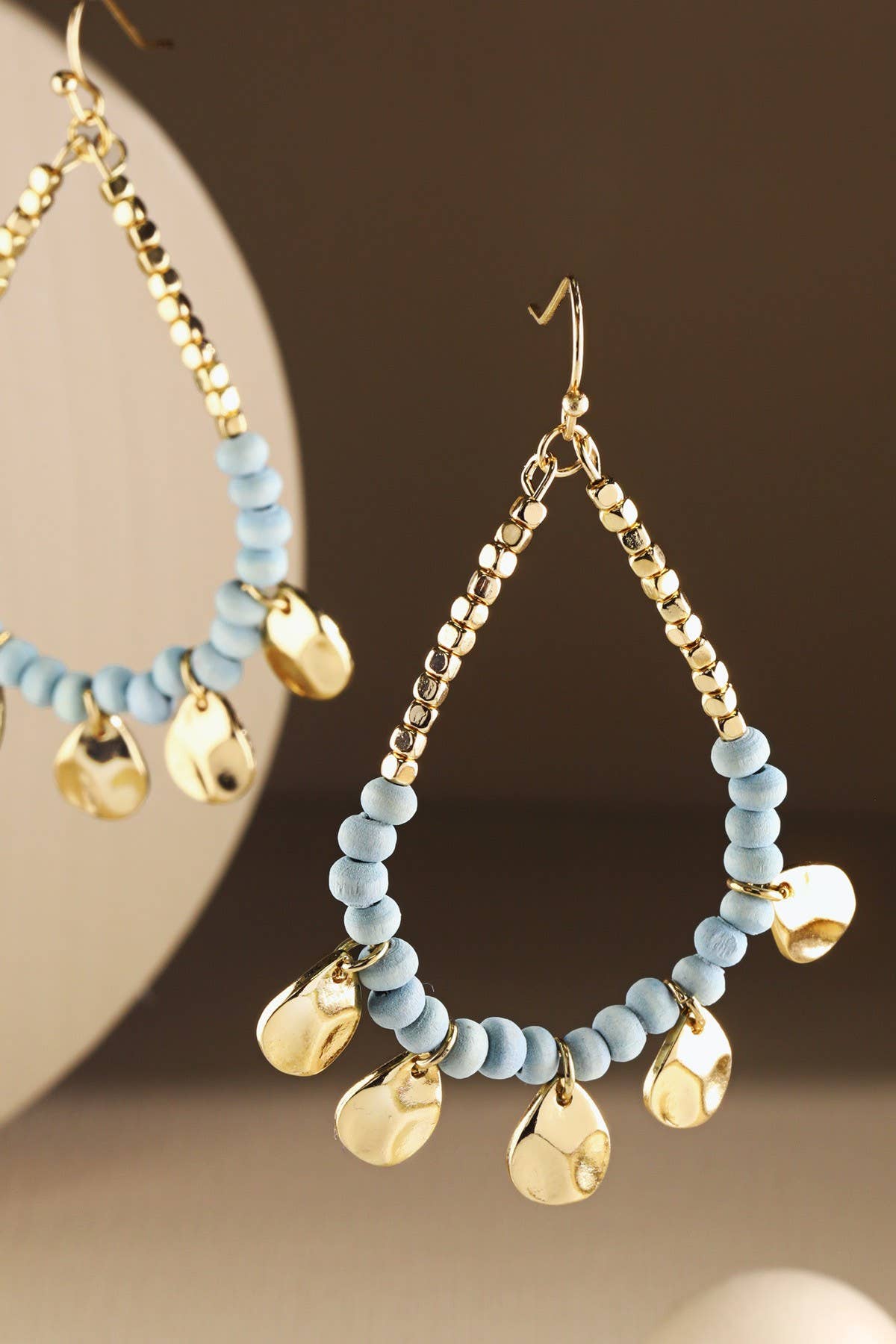 Boho Orange Wood Beaded Teardrop Hoop Earrings