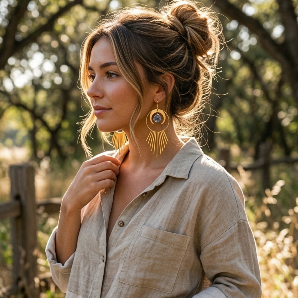 Celestial Moon & Sunburst Geode Earrings - Raw Brass Druzy Style Dangles