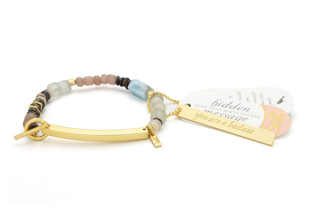 Hidden Message Bracelet: Badass/Larimar/Gold