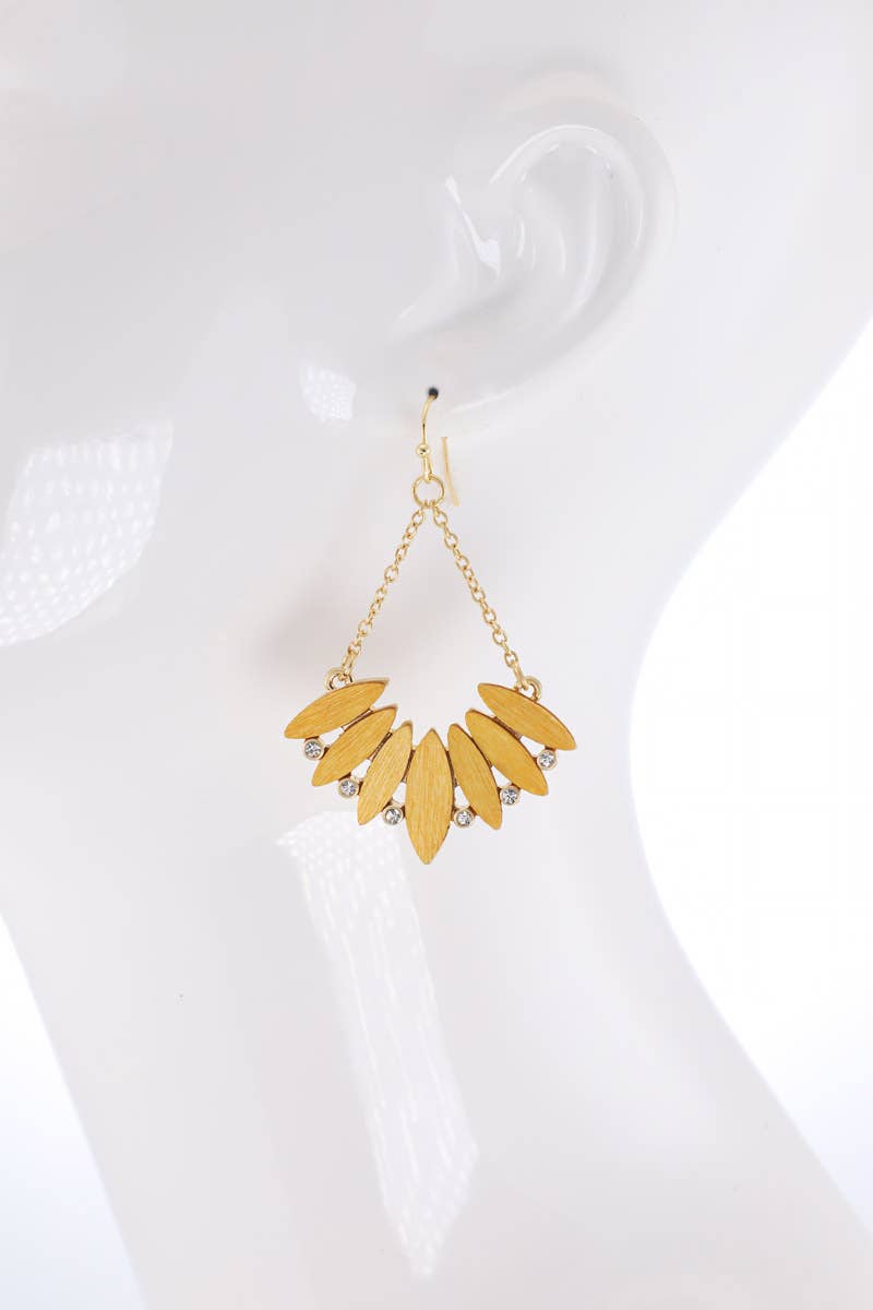 Wooden Fan Leaf Sparkly Dangle Earrings