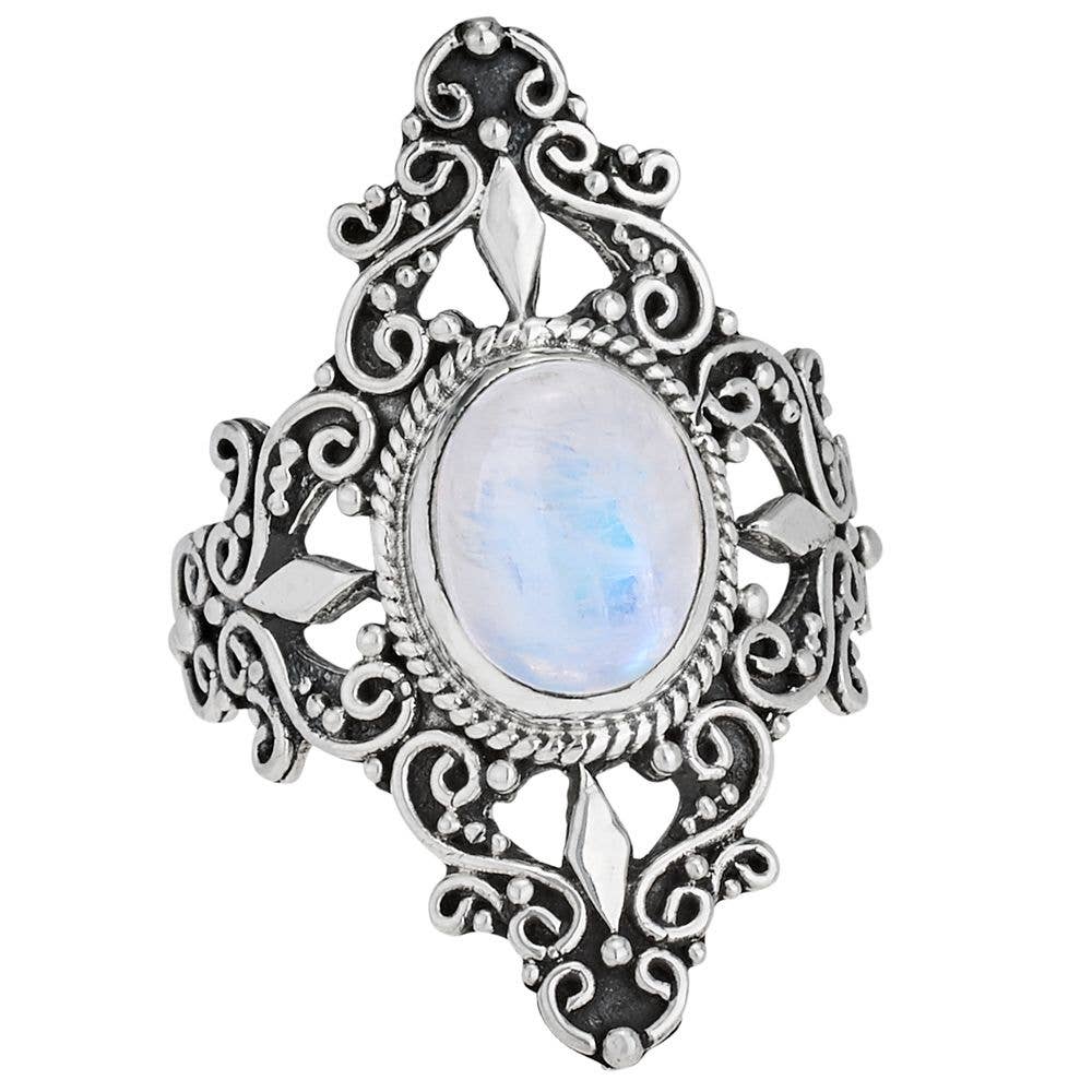 Ornate Filigree Moonstone “Genevieve” Sterling Ring