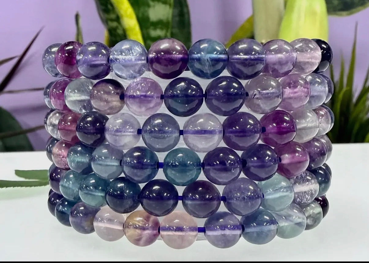 Rainbow Fluorite 8mm Crystal Beaded Stretch Bracelet 7.5”