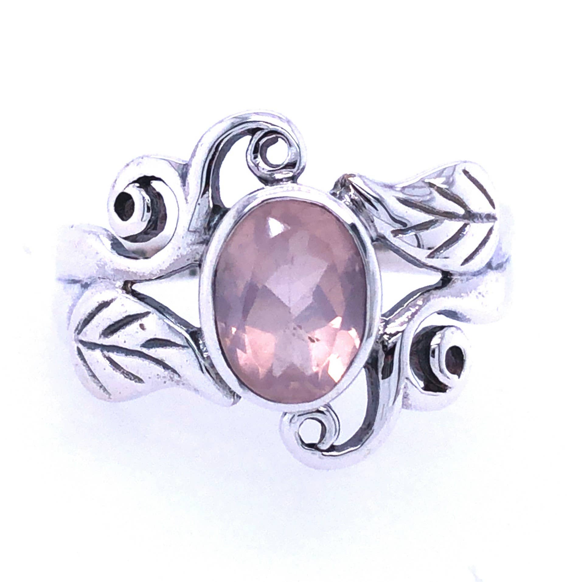 Rose Quartz Harmonious Swirls & Leaves Sterling Ring