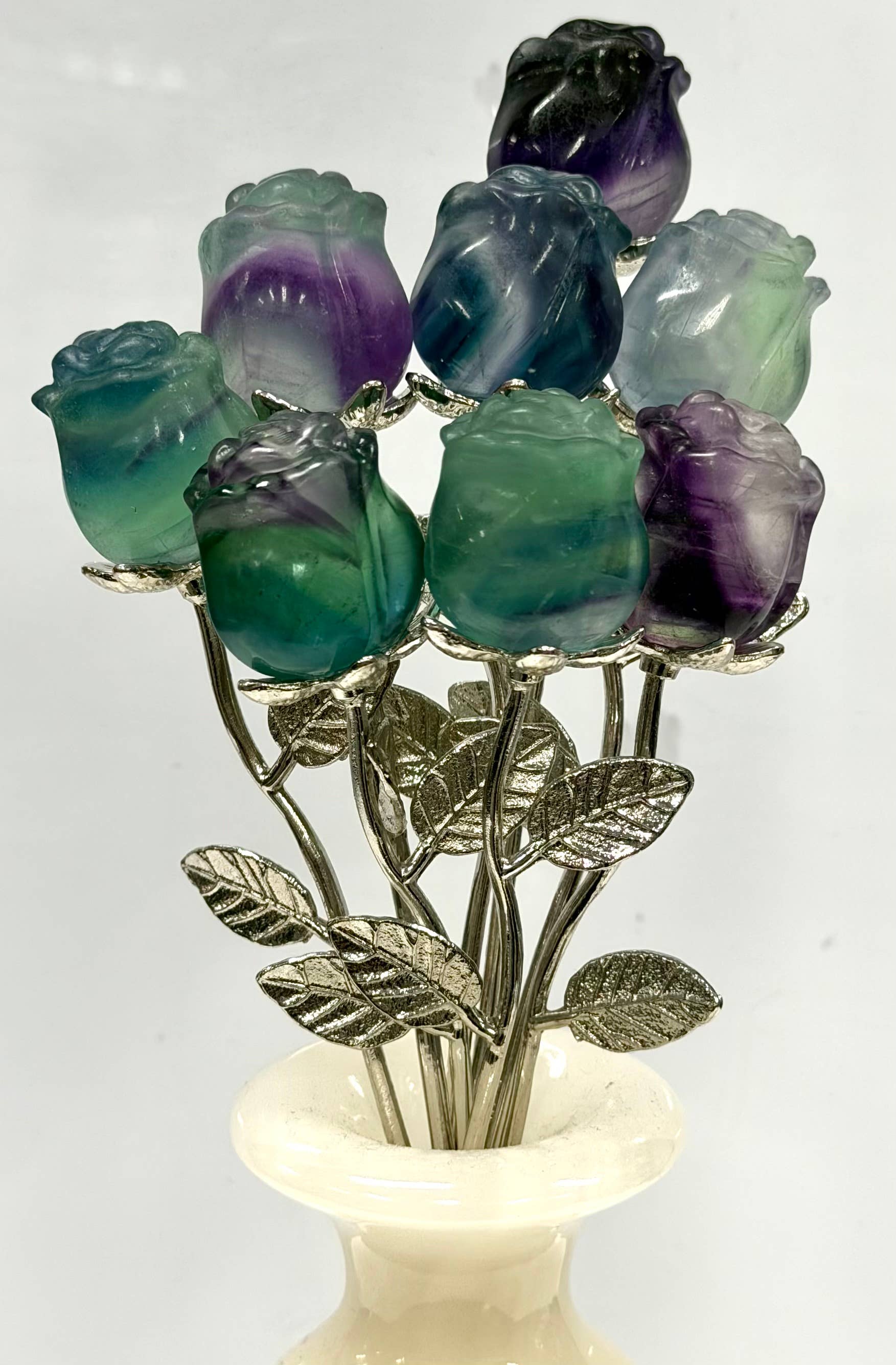 Fluorite Rose with Rhodium Metal Stem Natural Crystal 