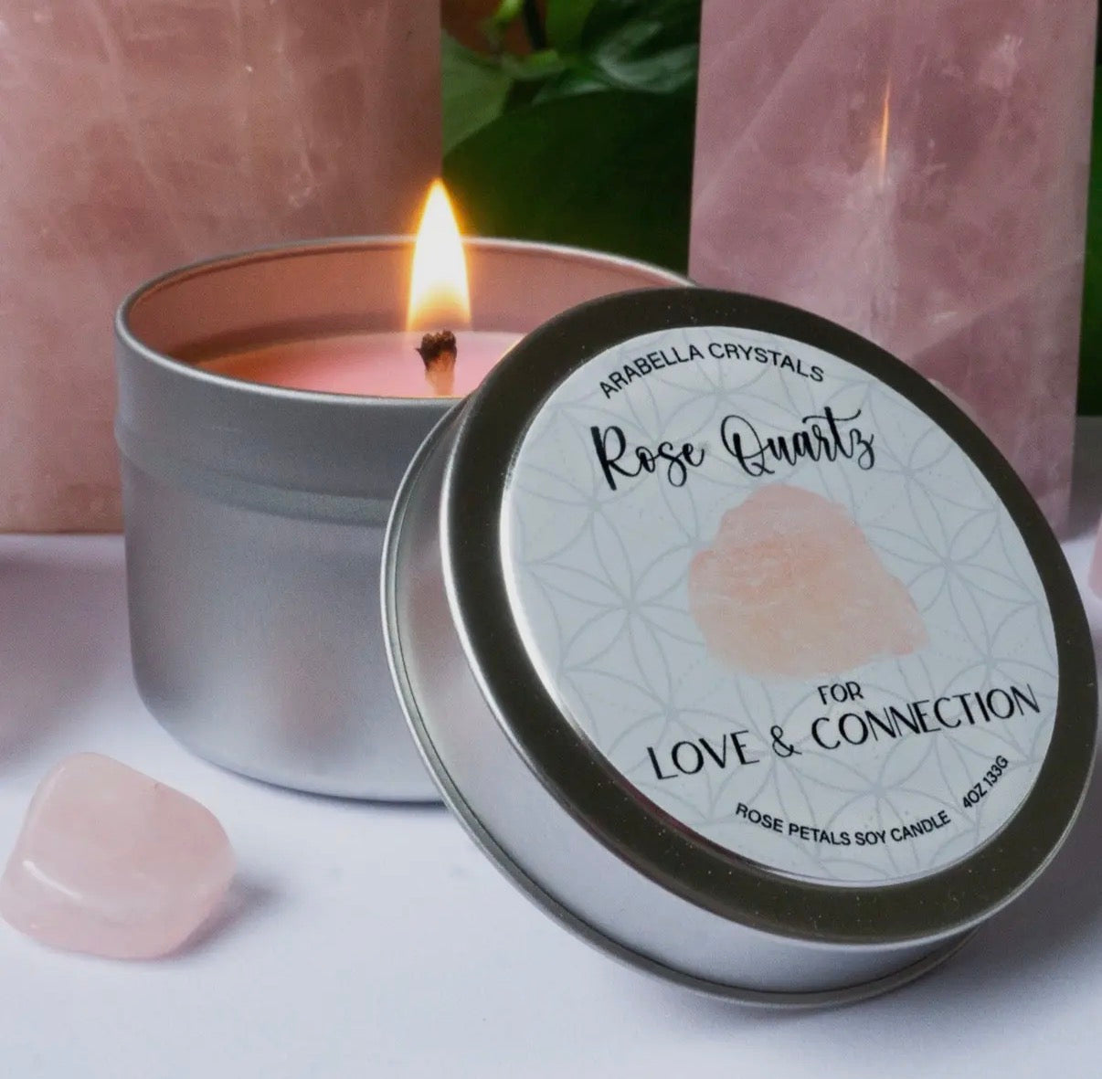 Love & Connection: Rose Quartz Crystal Candle Tin