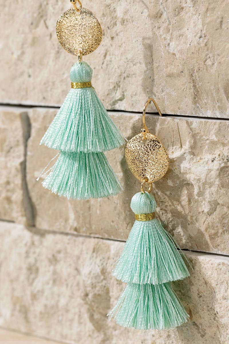 Boho Blue Gold Disc & Tassel Earrings