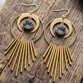 Celestial Moon & Sunburst Geode Earrings - Raw Brass Druzy Style Dangles