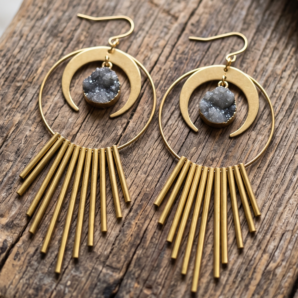 Celestial Moon & Sunburst Geode Earrings - Raw Brass Druzy Style Dangles