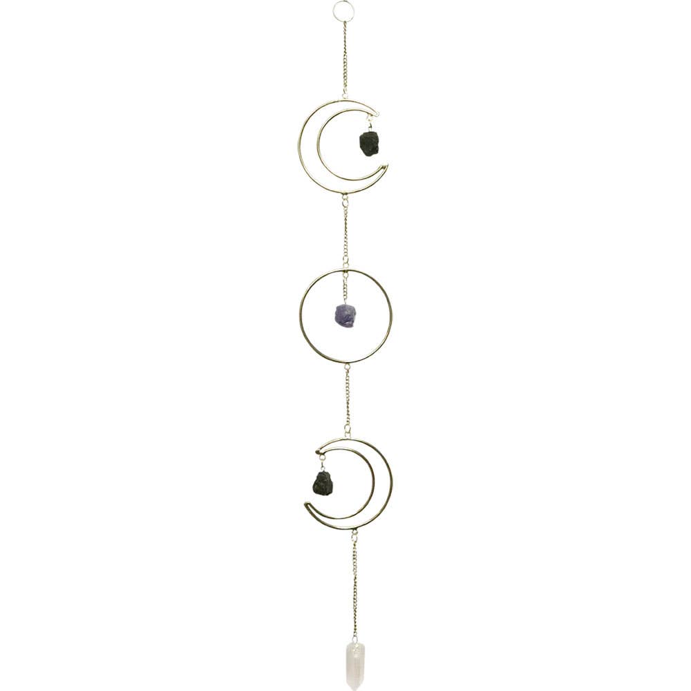 Metal Wall Hanging Triple Moon w/ Crystal Point & Gemstones