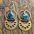 Mystical Moon Phase Dangle Earrings in Raw Brass & Epidote