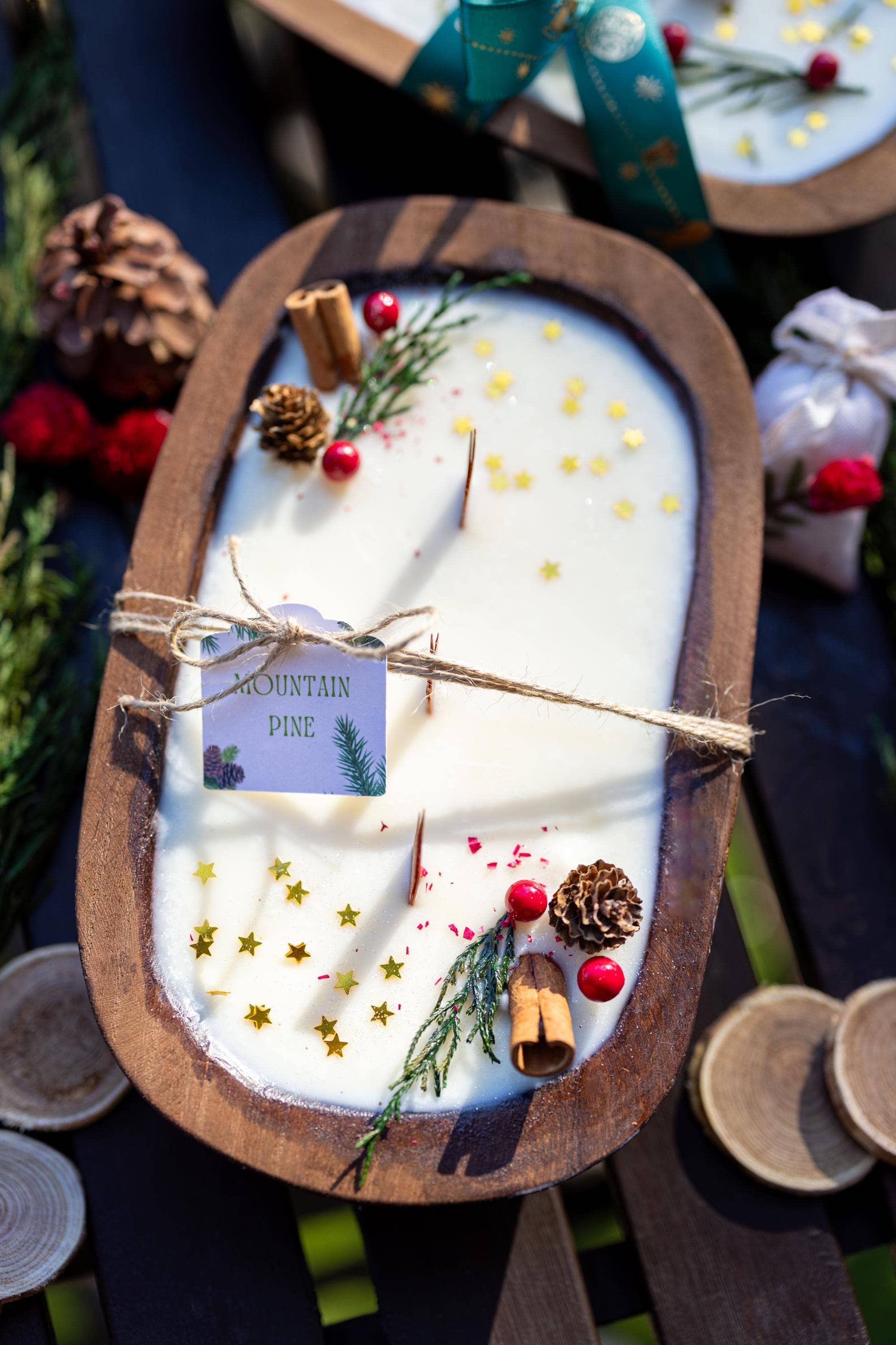 Christmas Wooden Dough Bowl Candle |Hand Crafted Multipurpose home decor | Farmhouse | Soy Wax Scented Candle | Natural Scent |Holiday Gift
