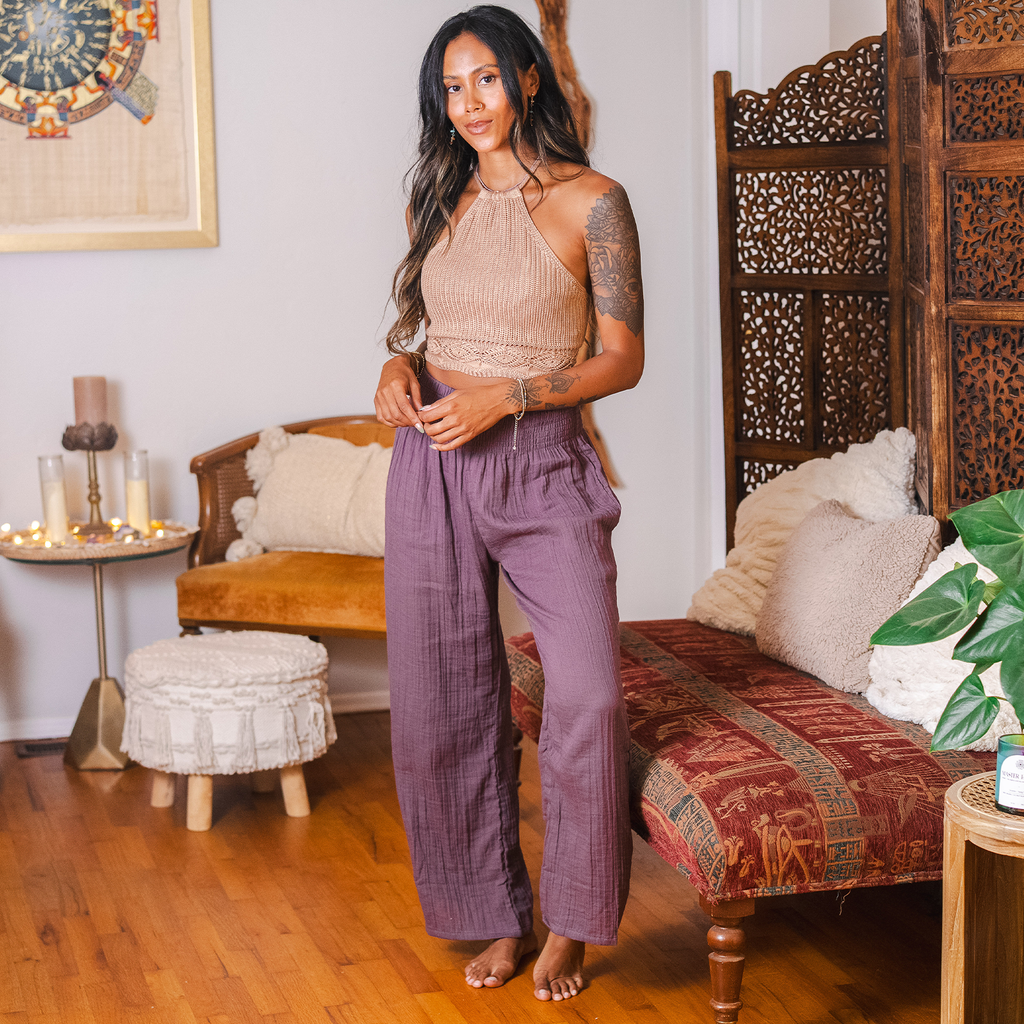Lunar Sky Wide Leg Cotton Pants- Plum