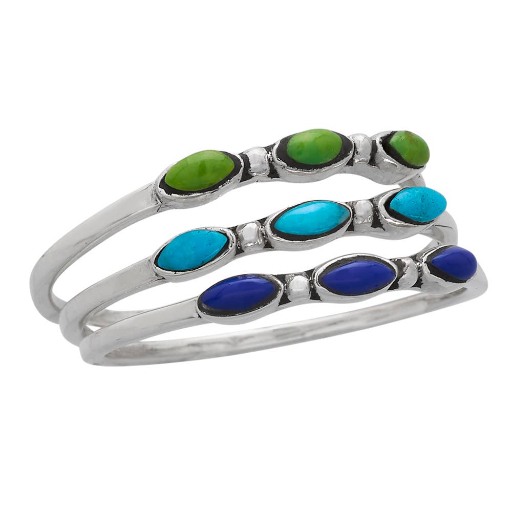 Green/Blue Sterling Silver Three Ring Stacker Set