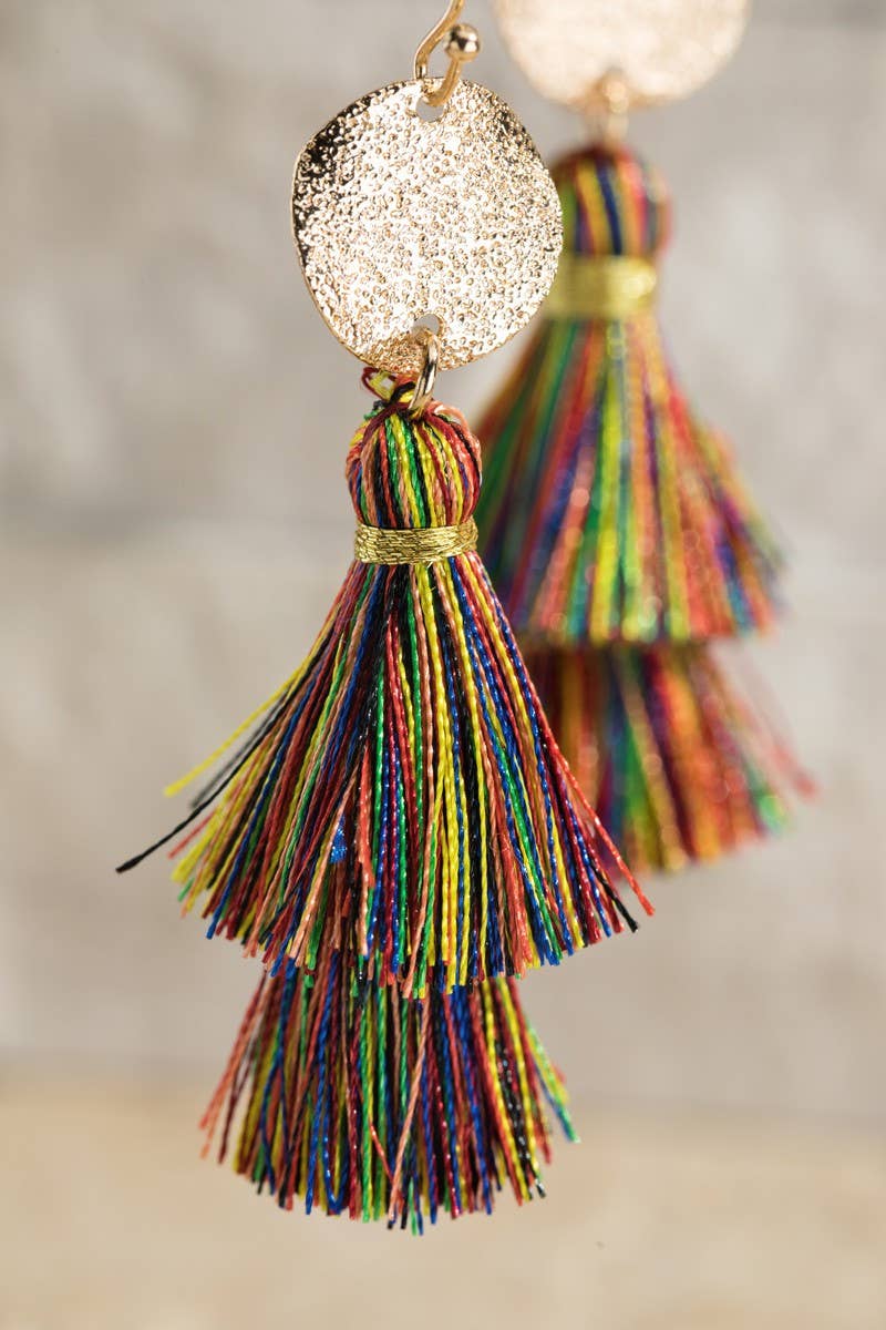 Boho Pink Gold Disc & Tassel Earrings