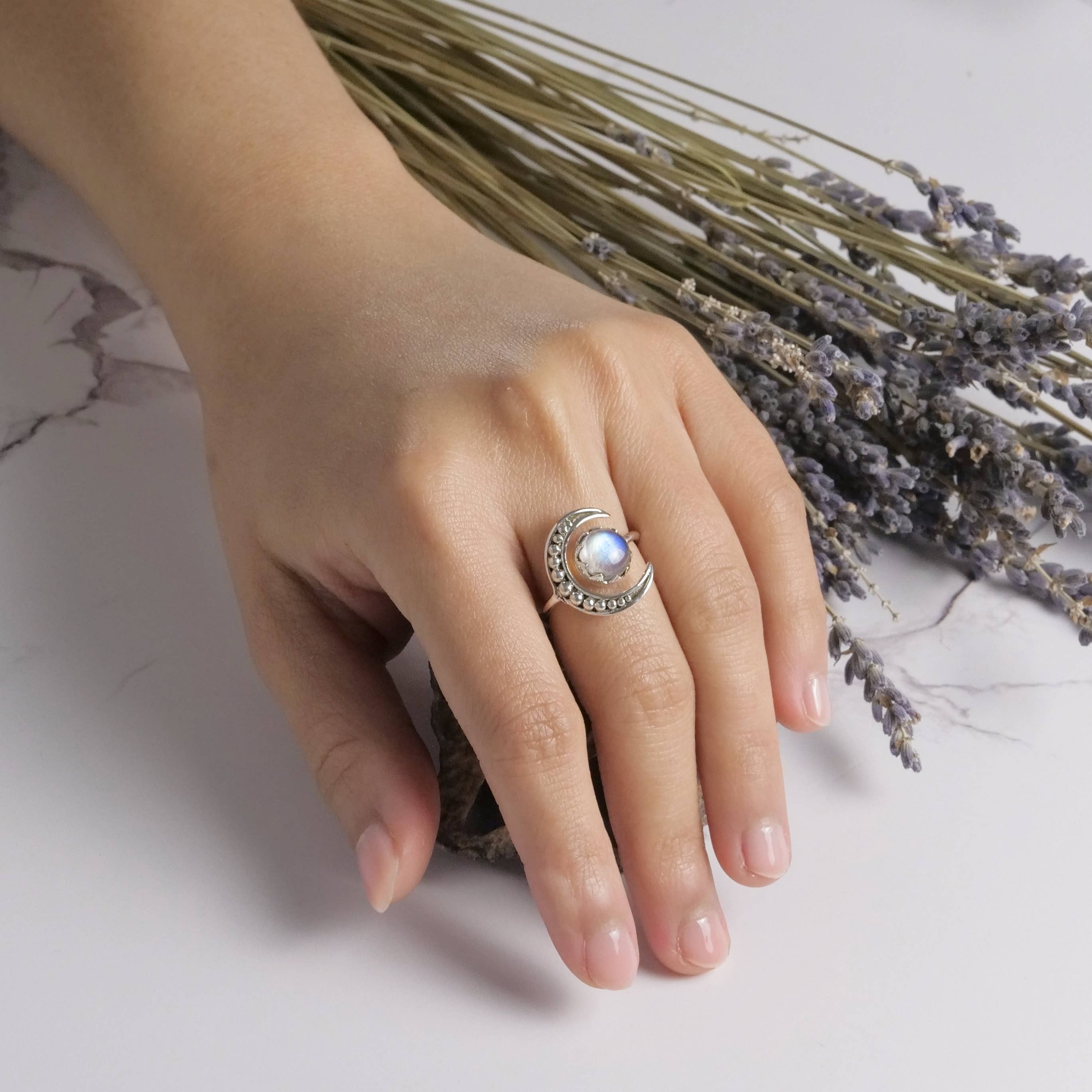 Sterling Silver Moonstone Crescent Moon Ring