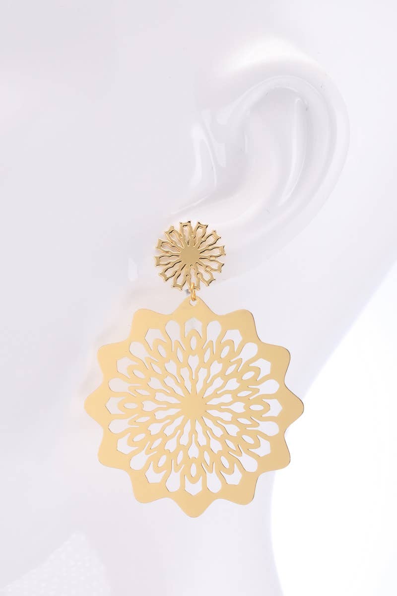 Gold Filigree Mandala Flower Drop Earrings
