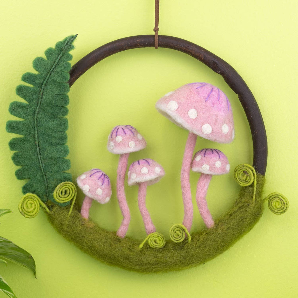 Pink Mushrooms & Fern Wool Felted Forest Ring