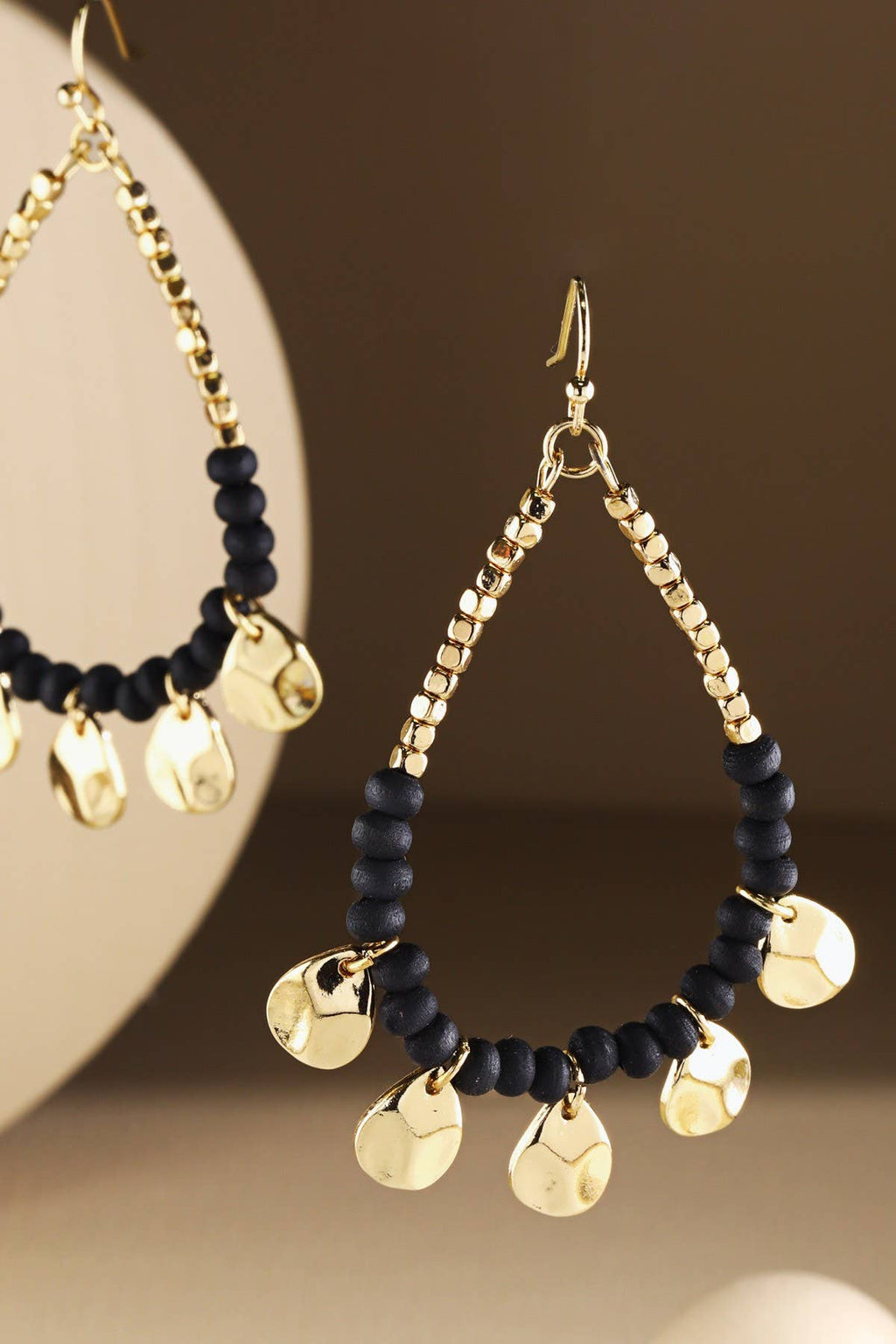 Boho Orange Wood Beaded Teardrop Hoop Earrings
