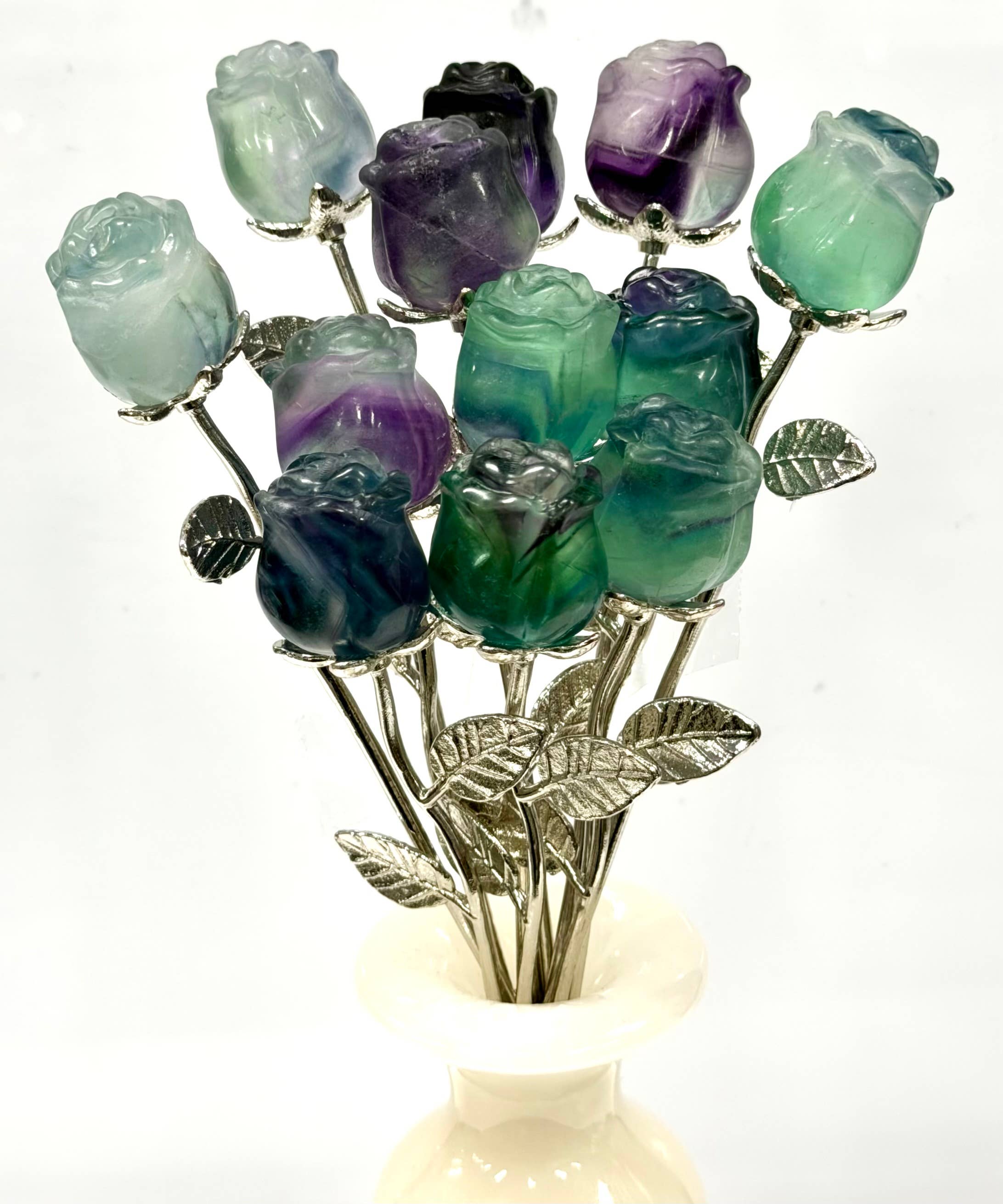 Fluorite Rose with Rhodium Metal Stem Natural Crystal 
