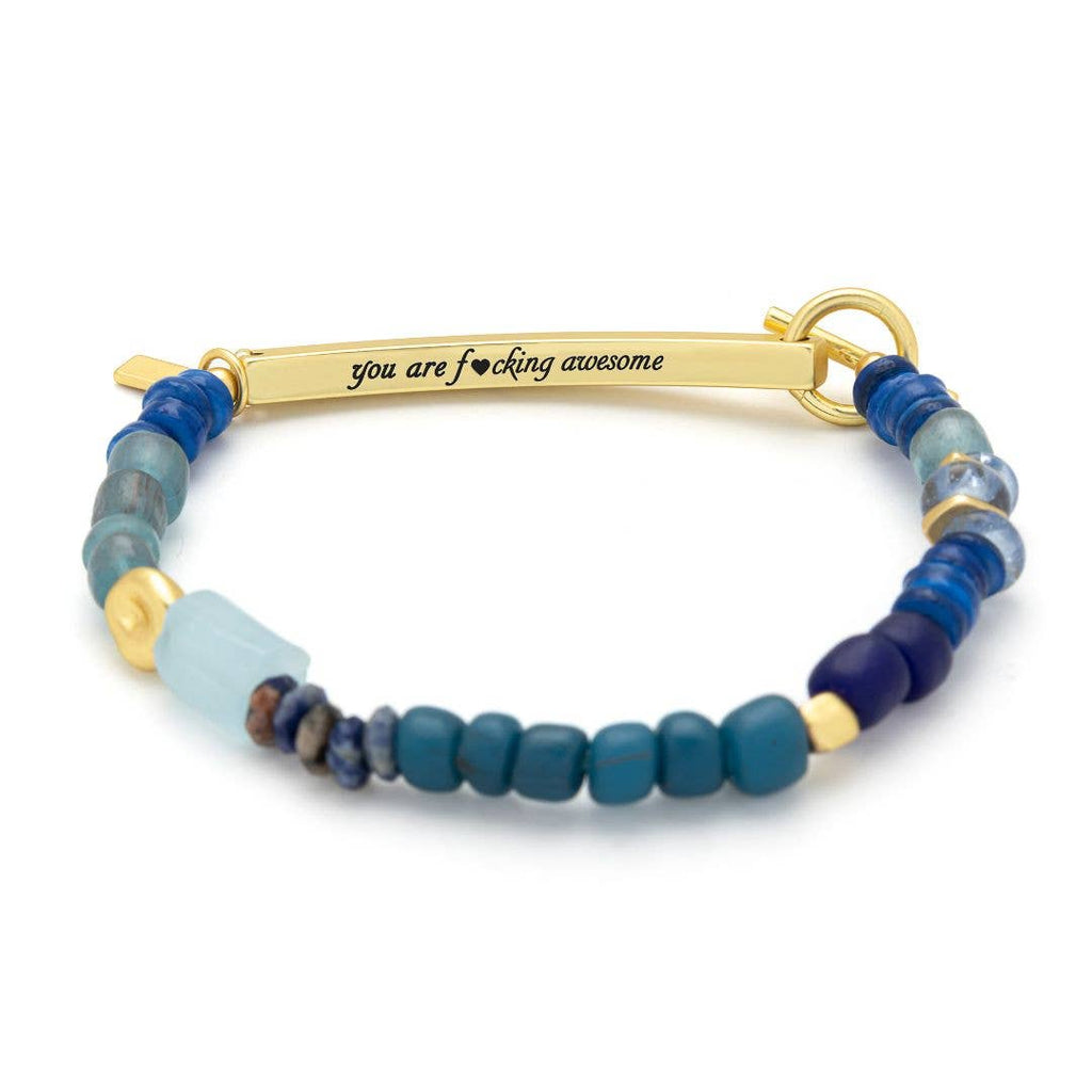Hidden Message Bracelet: F♥cking Awesome/Aquamarine/Gold