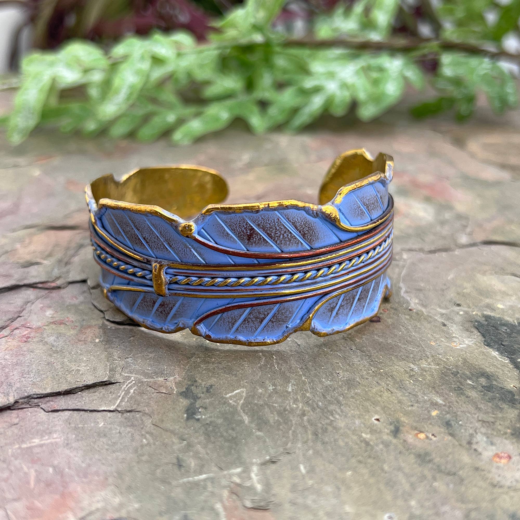 Anju: Brass Patina Cuff Bracelet- Blue Leaf