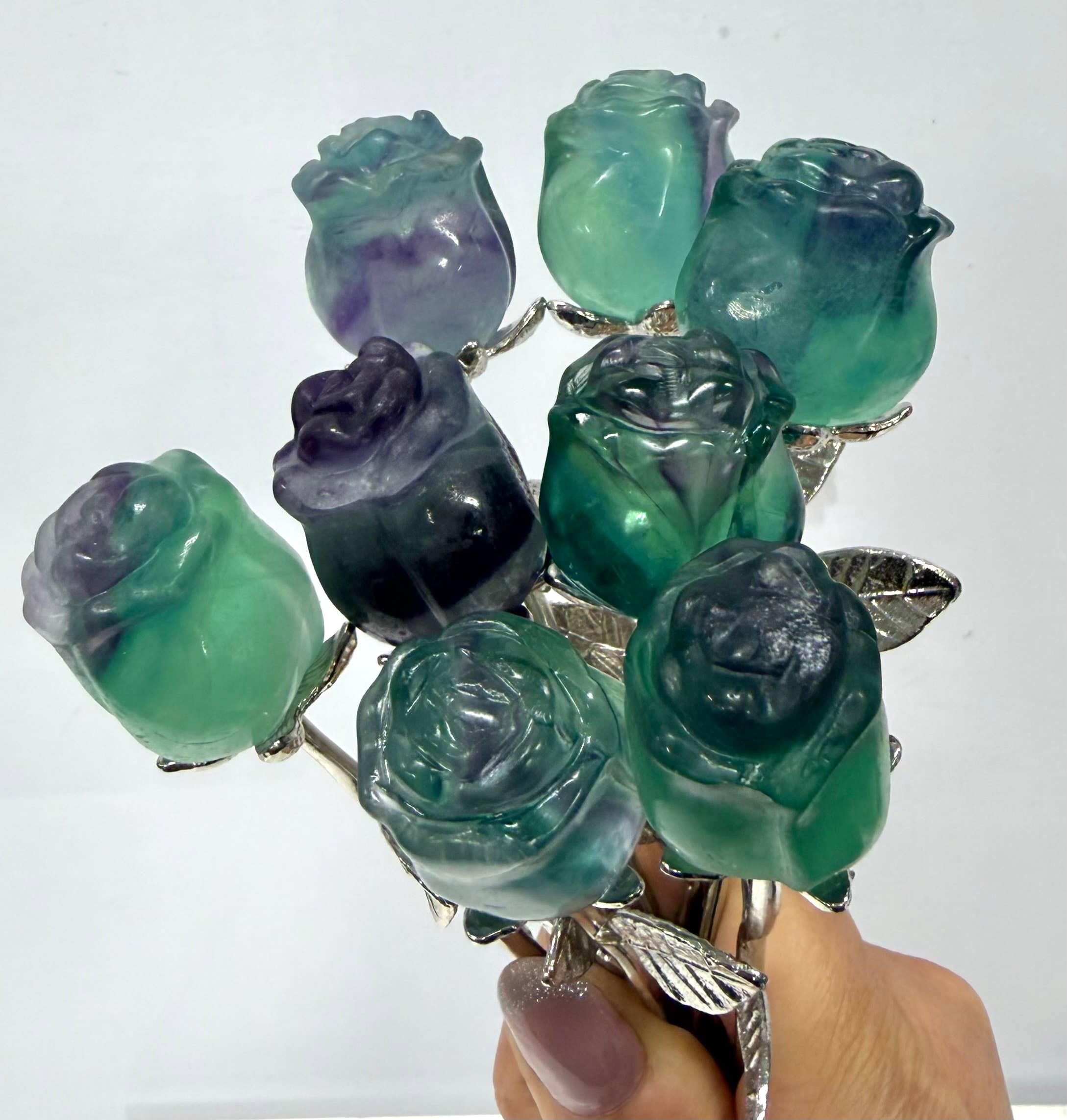 Fluorite Rose with Rhodium Metal Stem Natural Crystal 