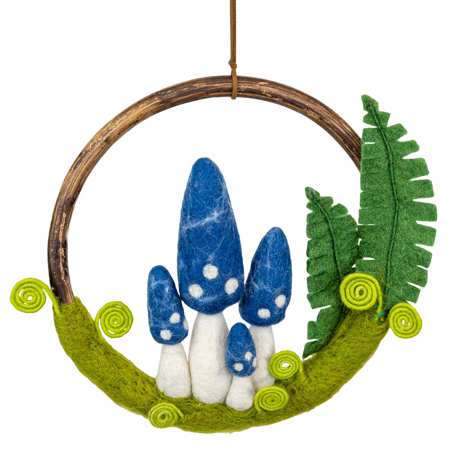 Blue Mushroom & Fern Wool Felted Forest Ring