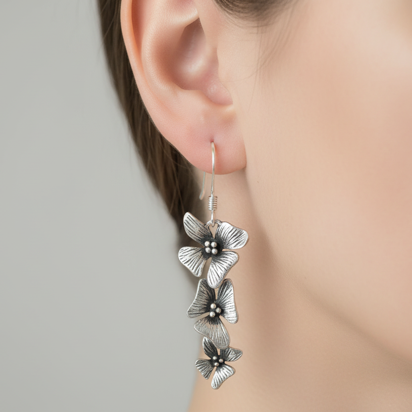 Triple Flower Sterling Silver Drop Earrings