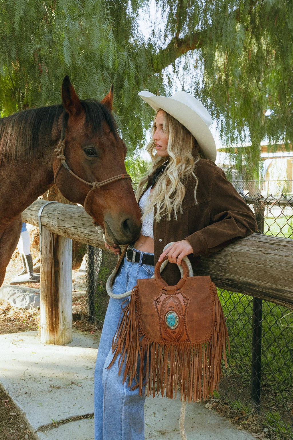 Sedona Tassle Hand Bag In Saddle Brown with Turquoise